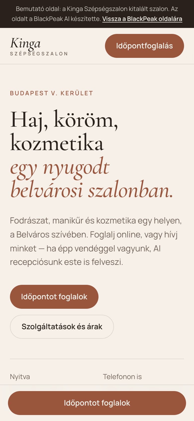 A Kinga Szépségszalon bemutató weboldala telefonon