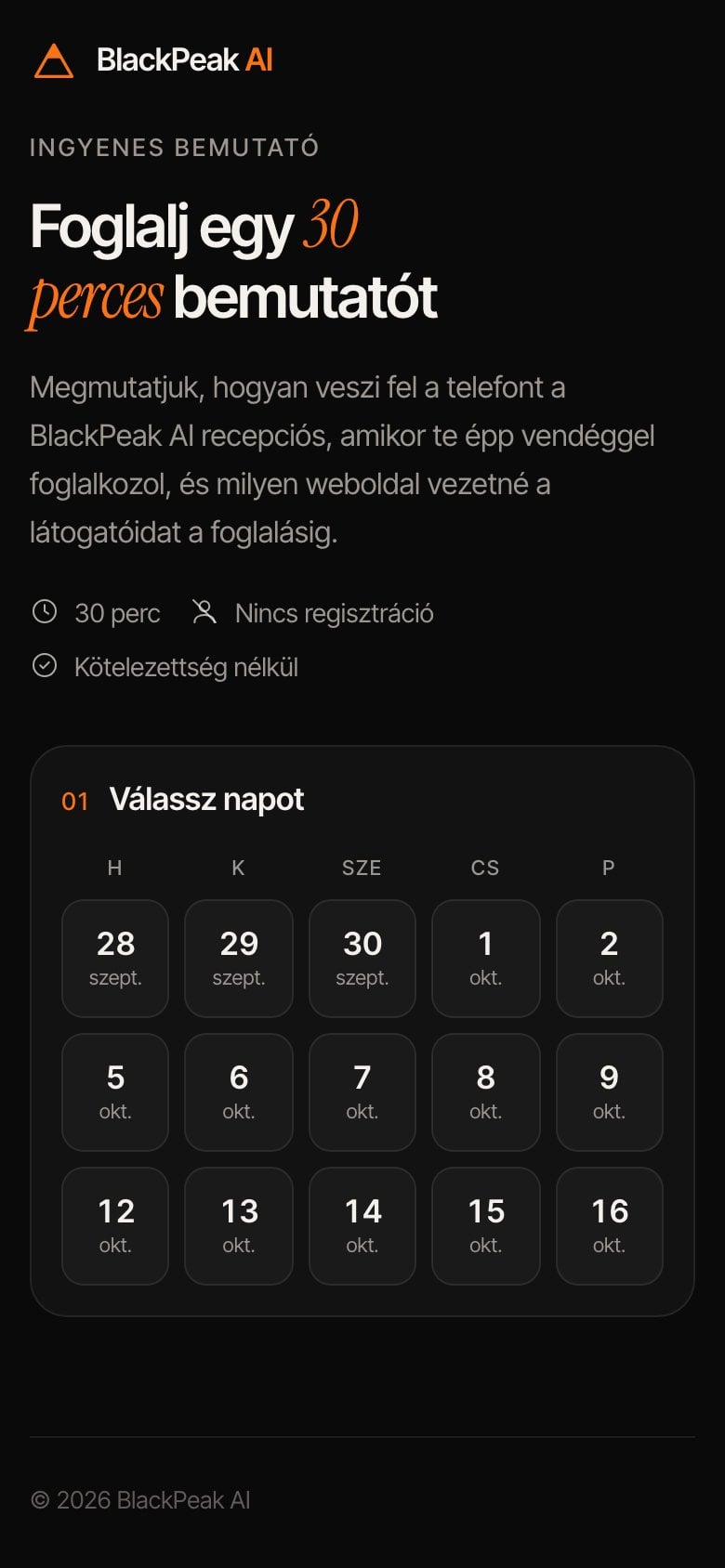 A BlackPeak foglalóoldala telefonon